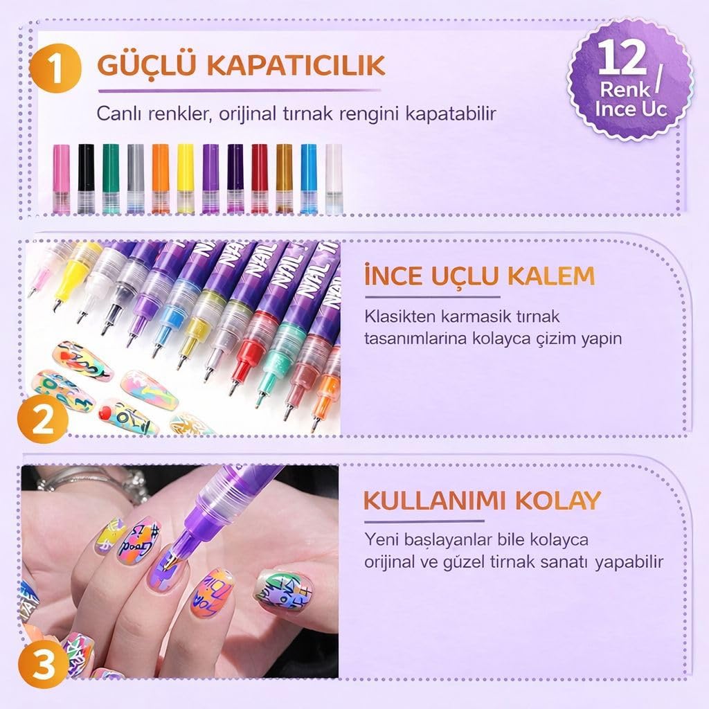 Sihirli Nail Art Tasarım Kalemi - 0.5mm Hassas Uçlu Canlı Akrilik Boya Seti