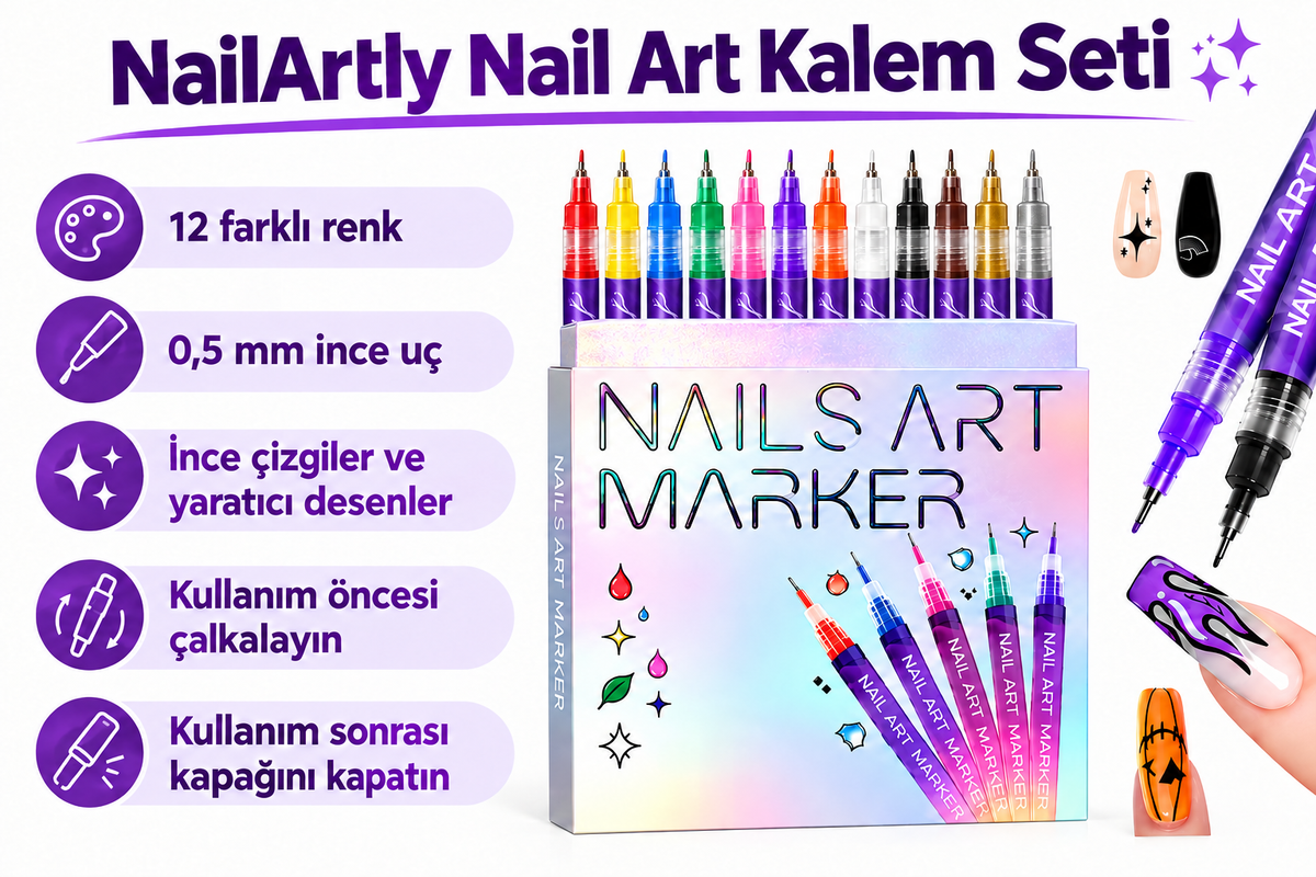 12 renkli nail art kalem setinin ince uç ve kullanım bilgileri