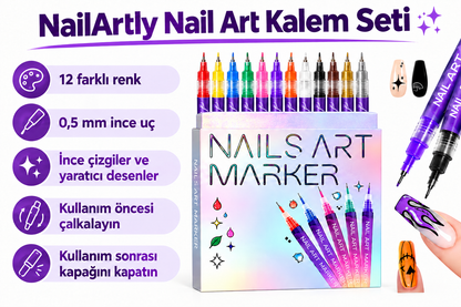 12 renkli nail art kalem setinin ince uç ve kullanım bilgileri