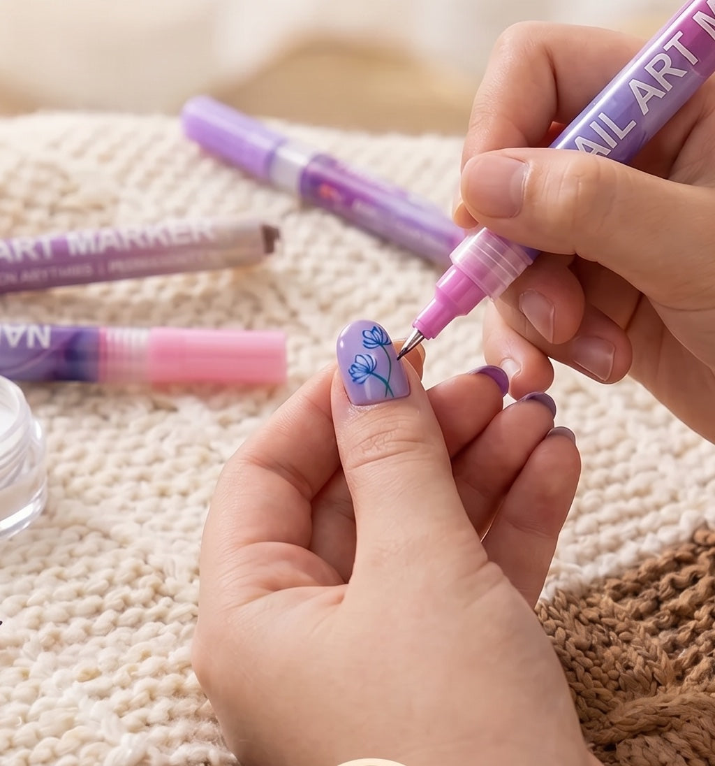 Nail art kalemiyle tırnağa çiçek deseni çizen eller